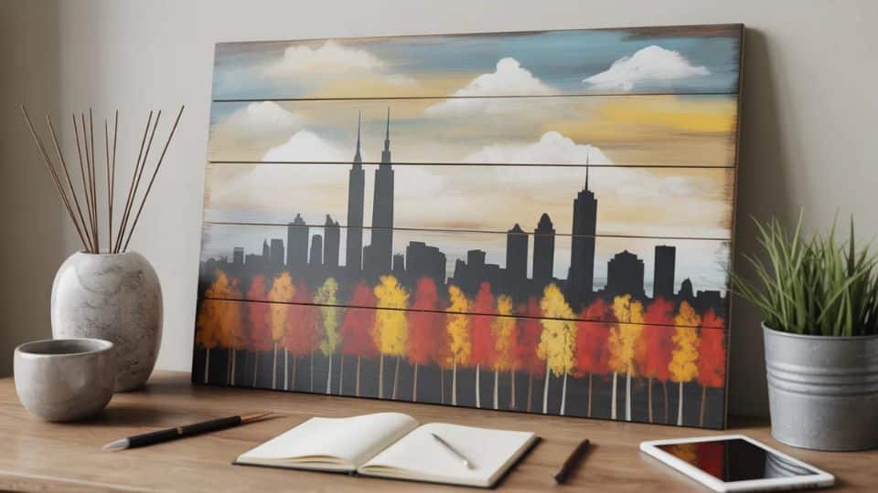 abstract fall skyline on wood panels