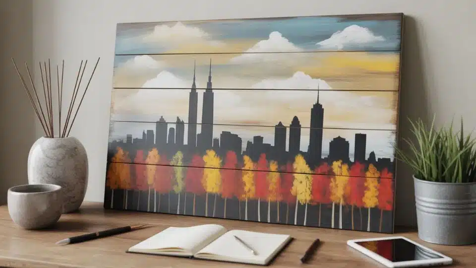 abstract fall skyline on wood panels