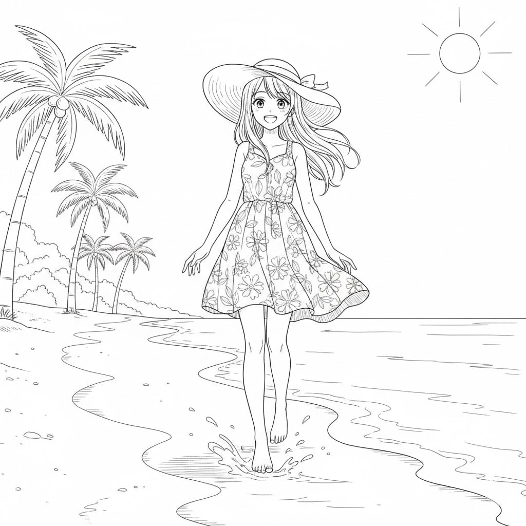 anime coloring pages beach