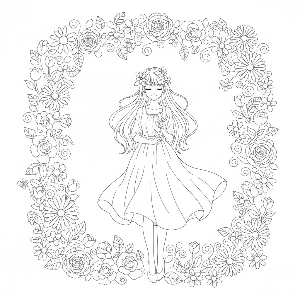 anime coloring pages girl flower