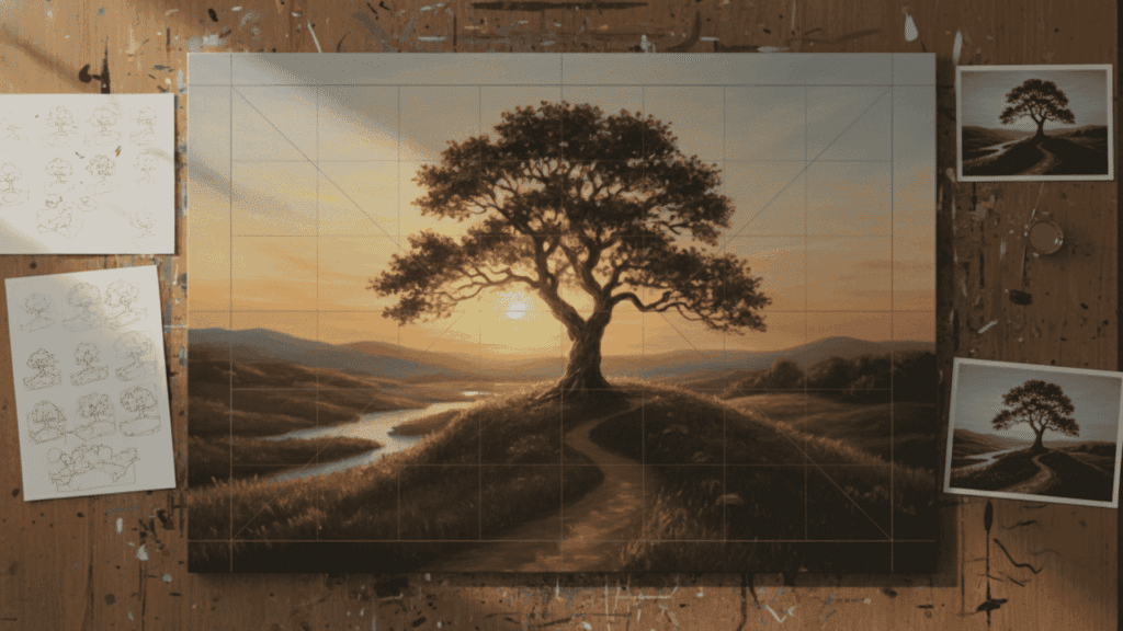 Overhead view of an artist’s desk showing a landscape painting of a lone tree at sunset with a faint composition grid overlay, surrounded by thumbnail sketches and reference photos.