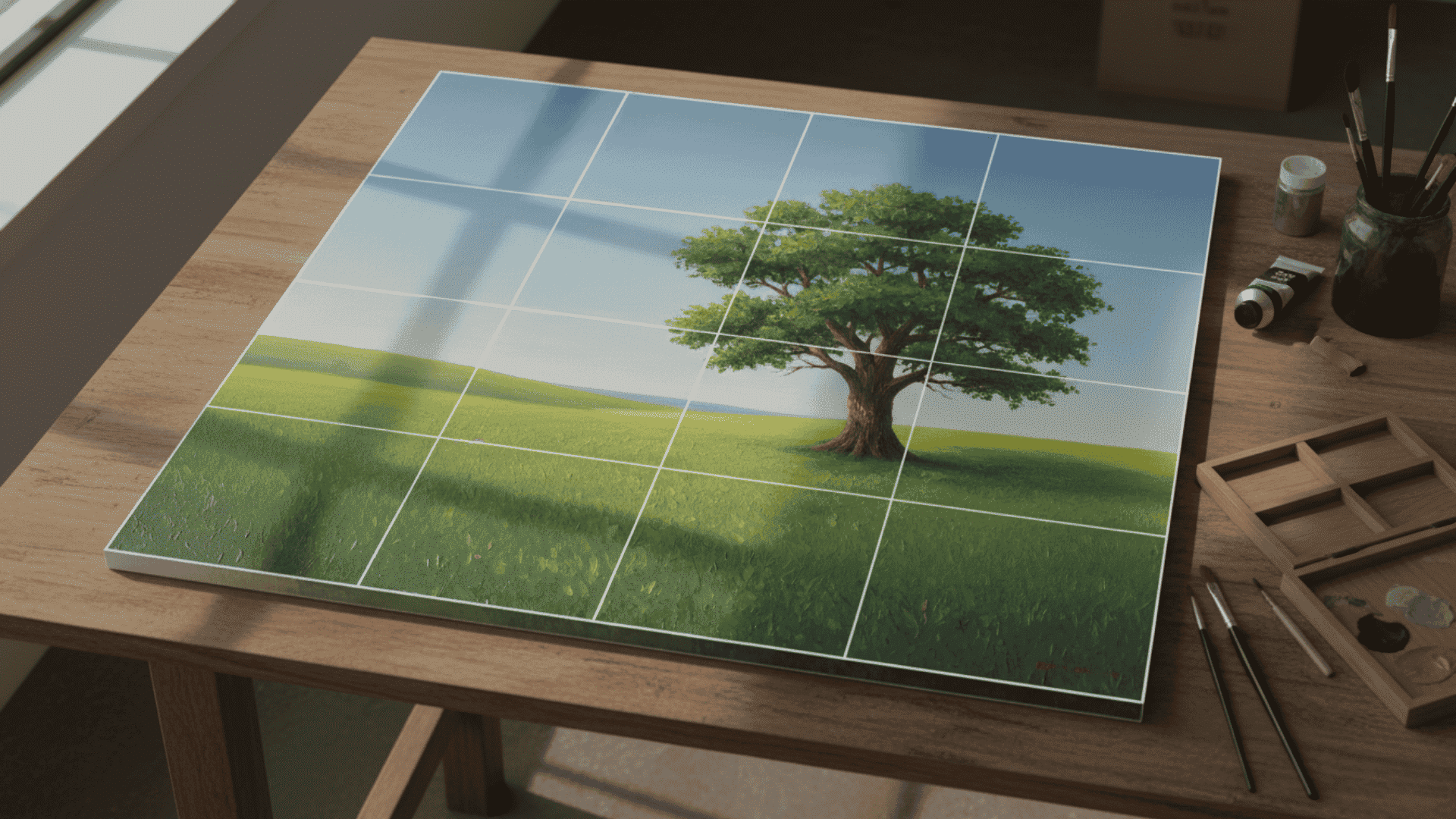 Rule of thirds grid demonstrating focal point placement in art composition