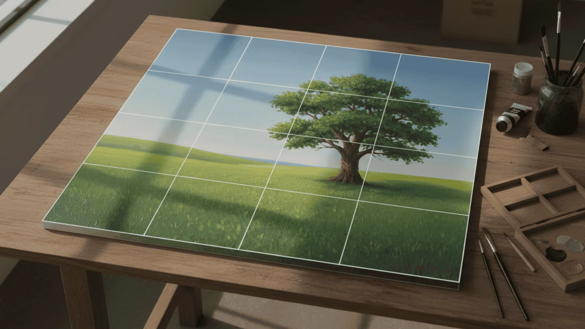 Rule of thirds grid demonstrating focal point placement in art composition