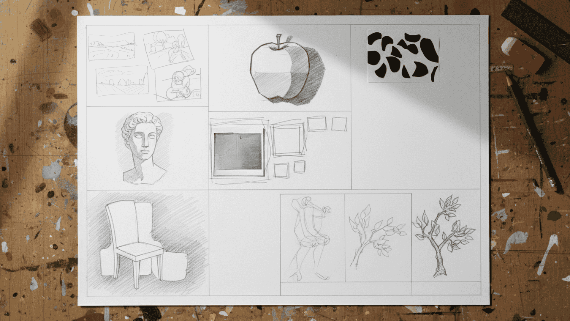 Seven composition practice exercises for artists showing different training methods