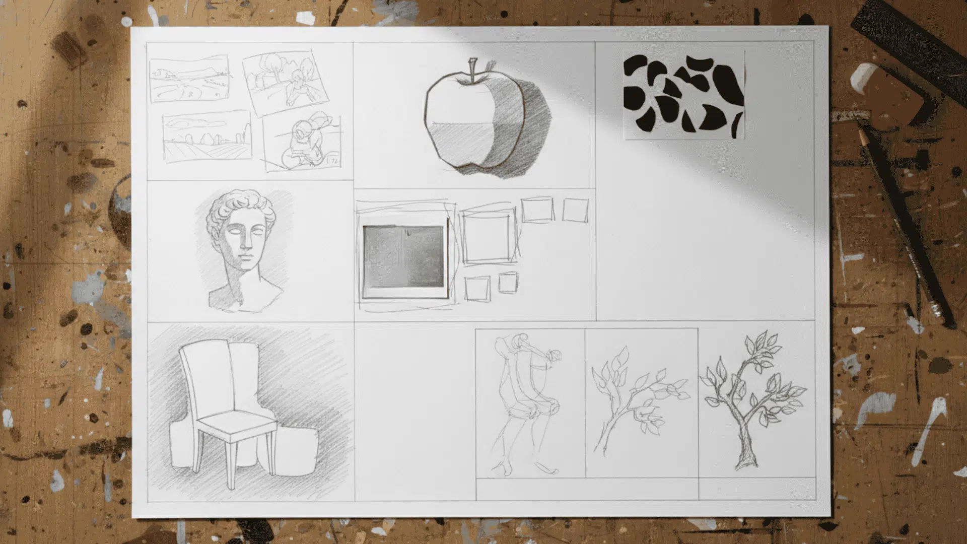 Seven composition practice exercises for artists showing different training methods