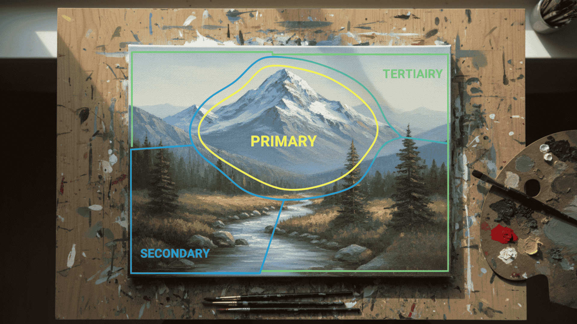 Visual hierarchy in art composition showing primary, secondary, tertiary elements