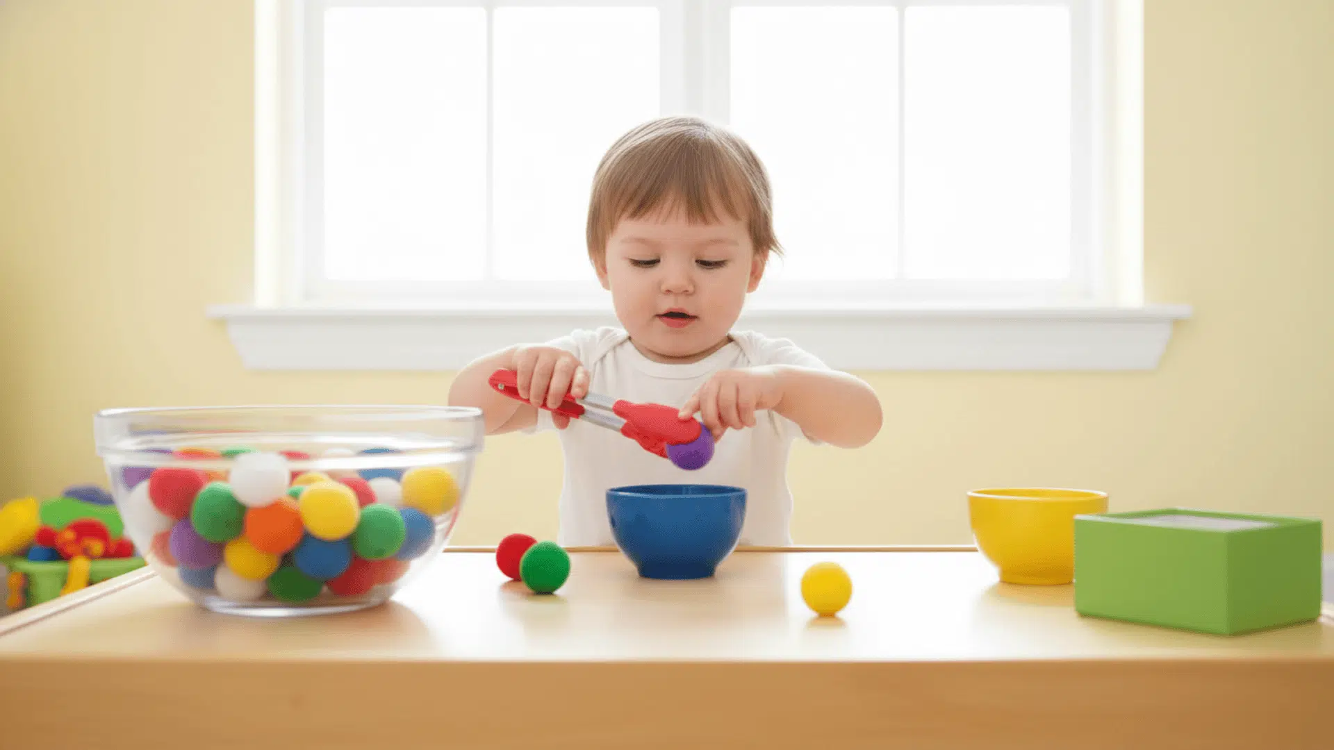 pom pom sorting with tongs