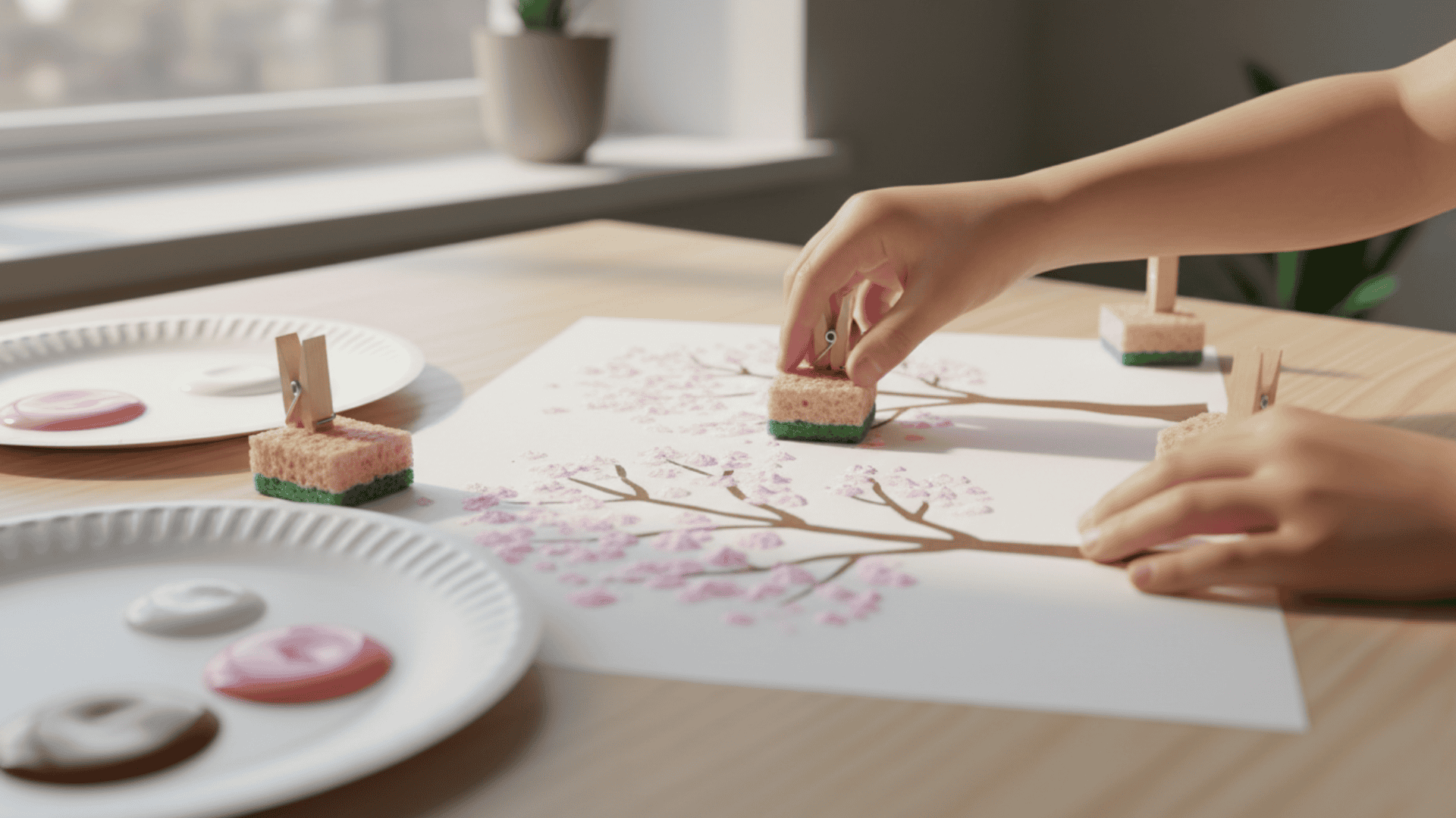 sponge painted spring trees