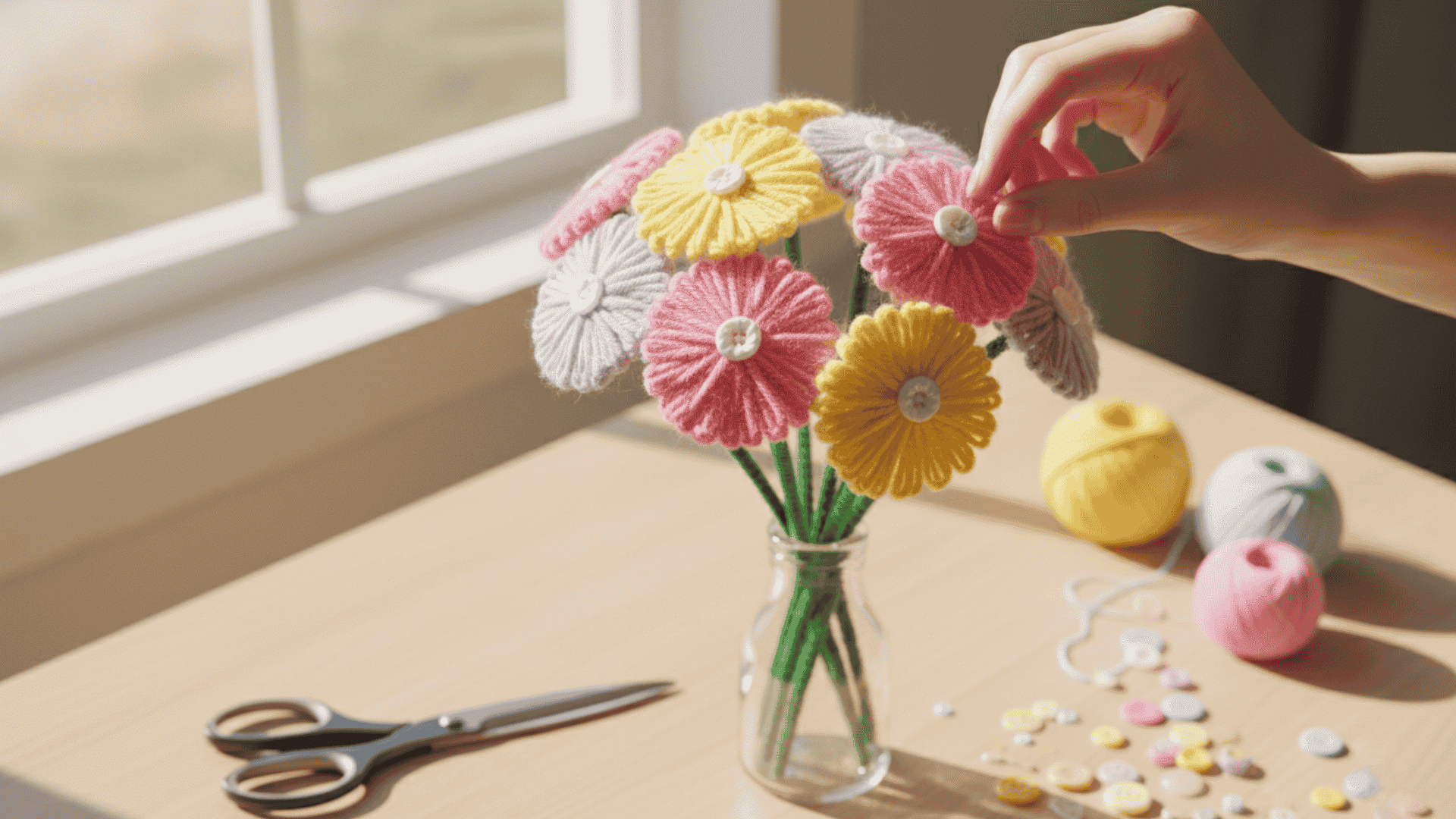 yarn wrapped flower bouquet