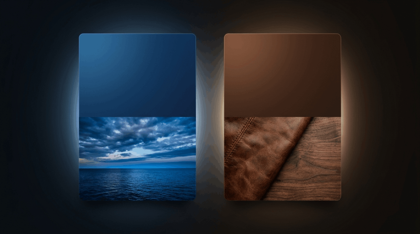 Deep blue and rich brown palette cards with sky and wood textures.