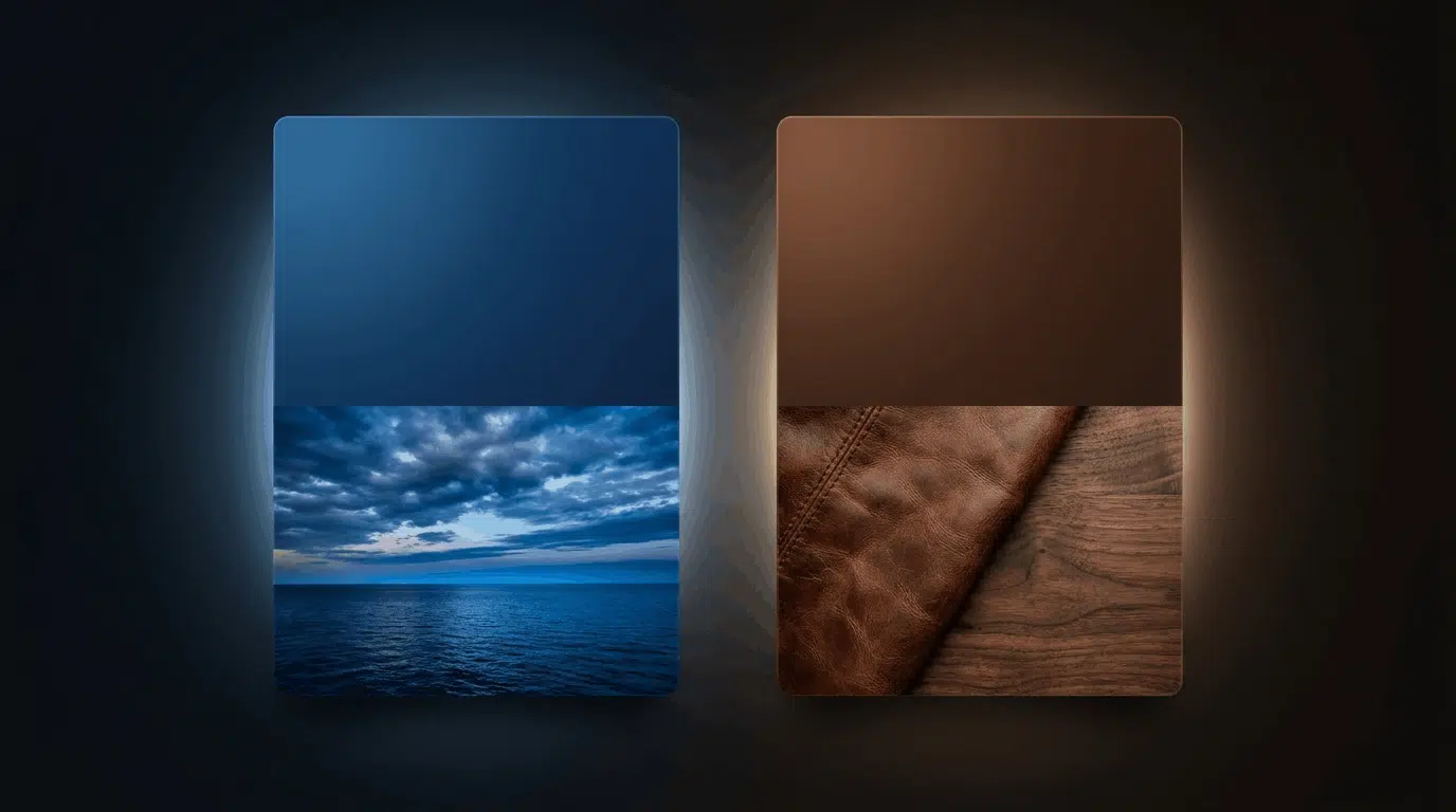 Deep blue and rich brown palette cards with sky and wood textures.