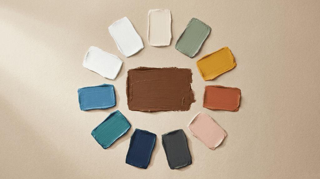 Brown paired with complementary colors in a premium palette board layout.