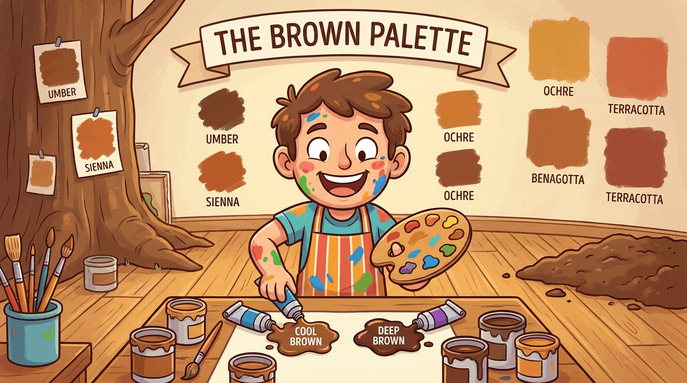 Artist experimenting with colors like blue and purple to create brown without using black.