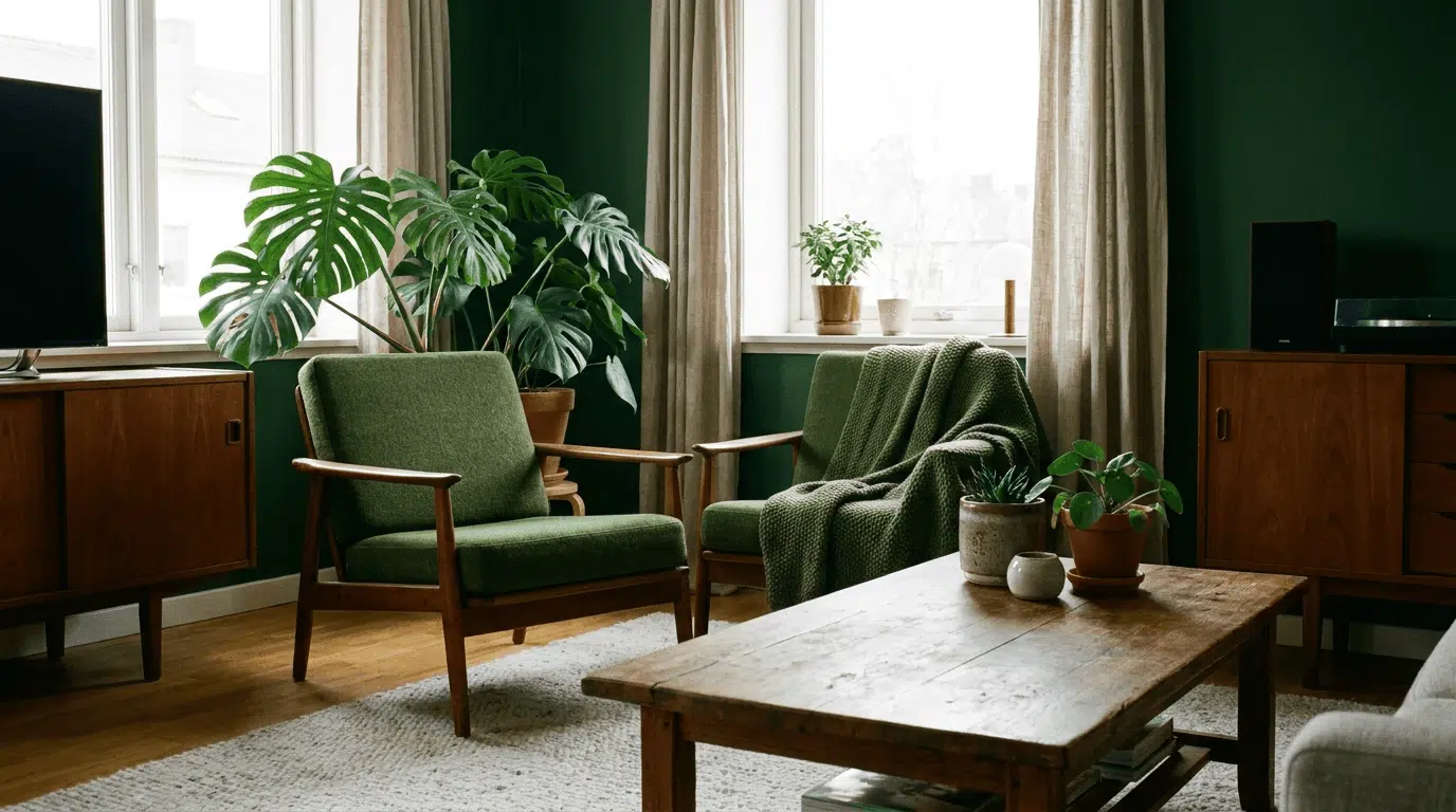 Interior with brown furniture and green walls showing natural color pairing.