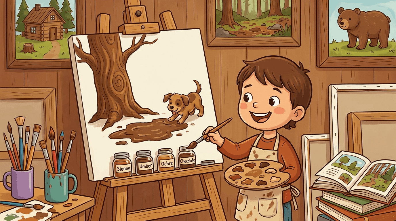 A kid using different shades of brown to paint a tree and a dog in a cozy art studio.