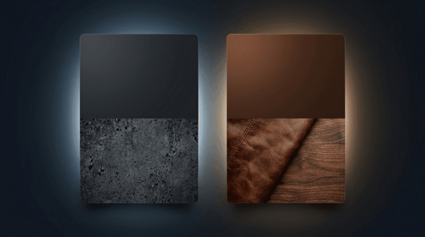 Charcoal grey and brown palette with stone and leather textures.