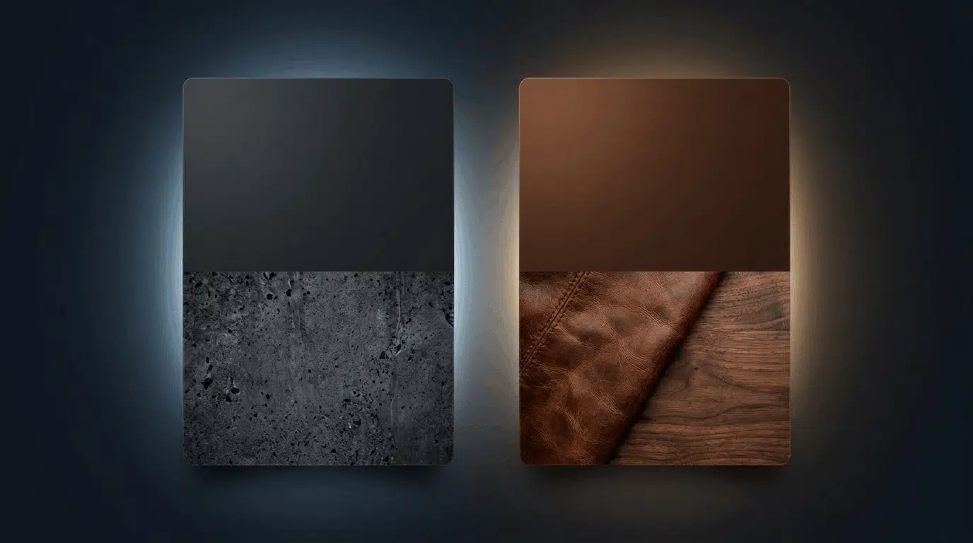 Charcoal grey and brown palette with stone and leather textures.