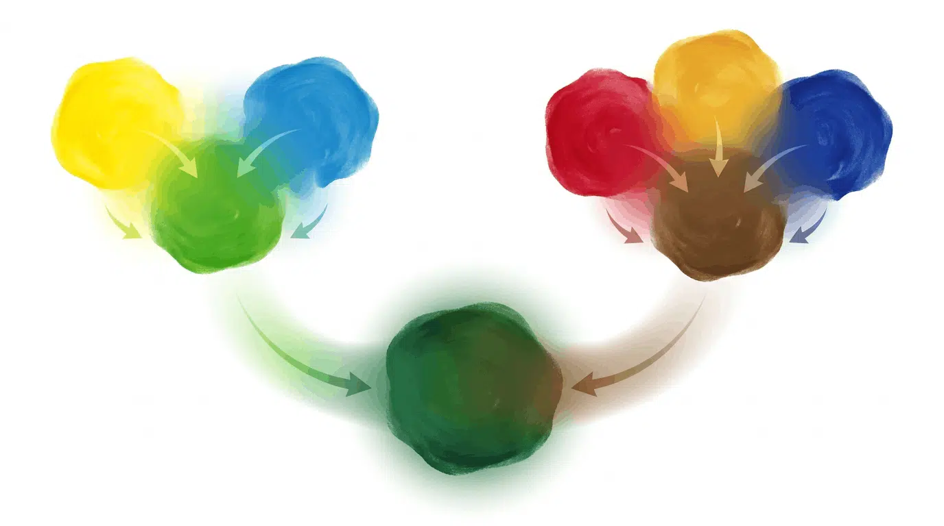 Color circles showing green and brown components blending into dark green.