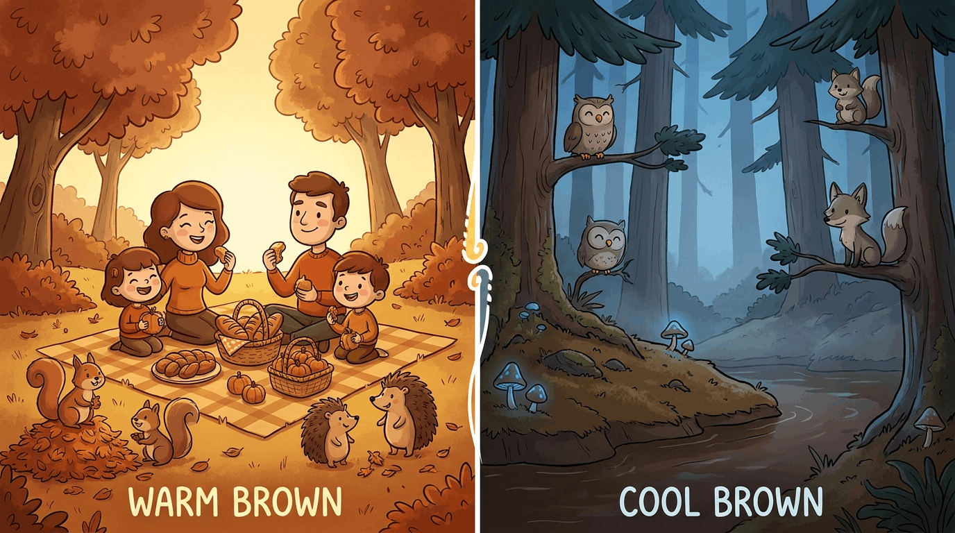 Split image showing a warm brown autumn picnic on the left and a cool brown forest on the right.