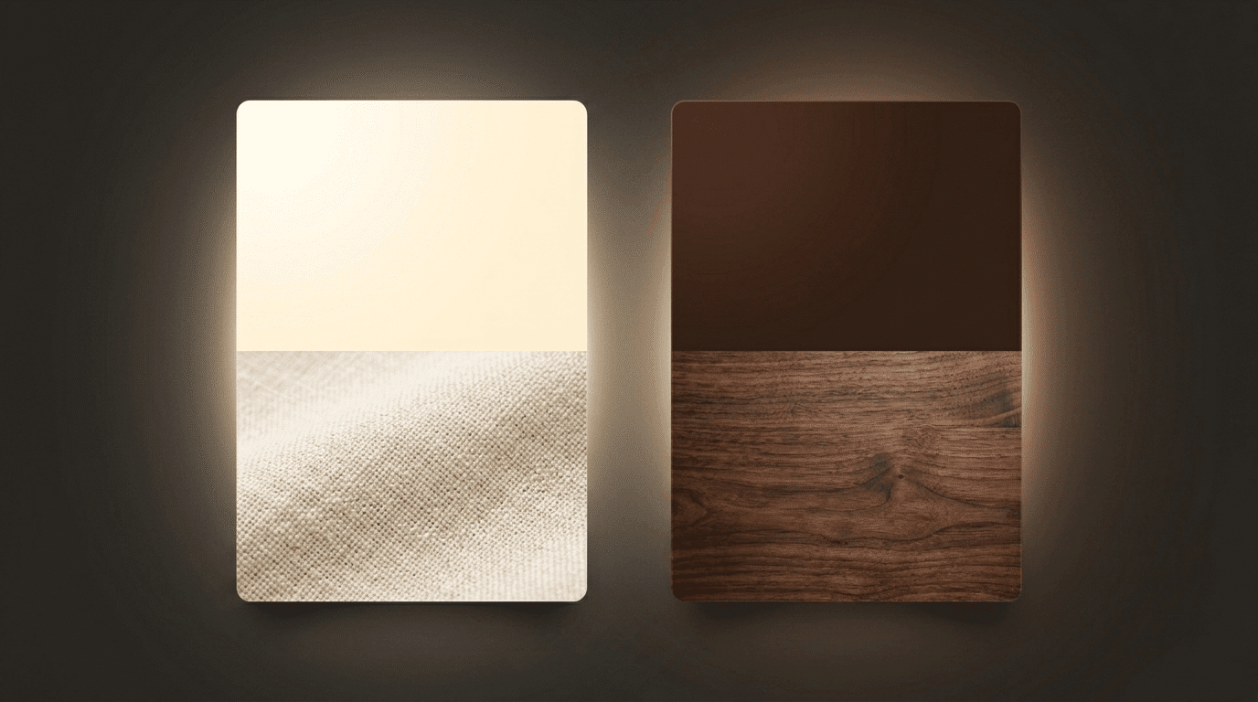 Cream and dark brown palette with fabric and wood elements.