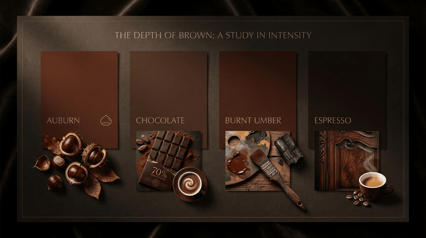 Shade card showing dark brown shades like chocolate, auburn, burnt umber, and espresso.