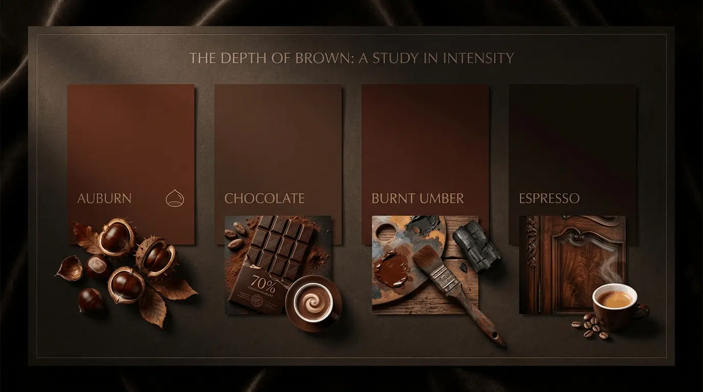 Shade card showing dark brown shades like chocolate, auburn, burnt umber, and espresso.