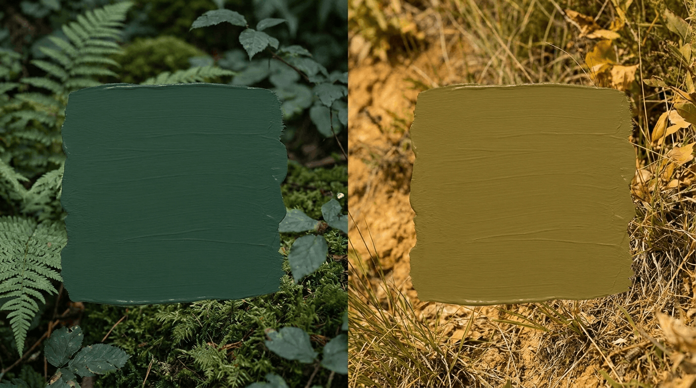 Side-by-side comparison of forest green and olive green color swatches.