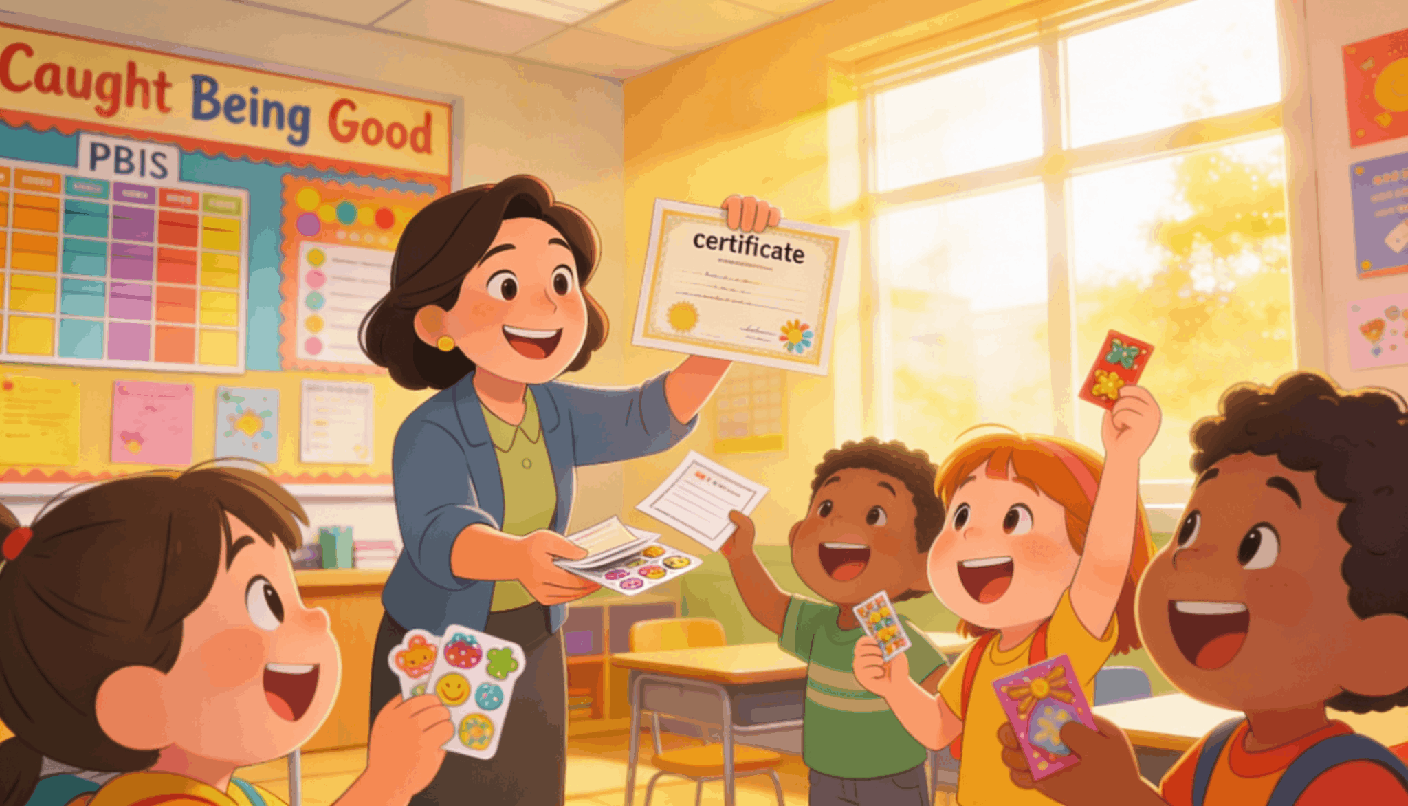 Elementary students receiving rewards like stickers and certificates in a cheerful classroom.