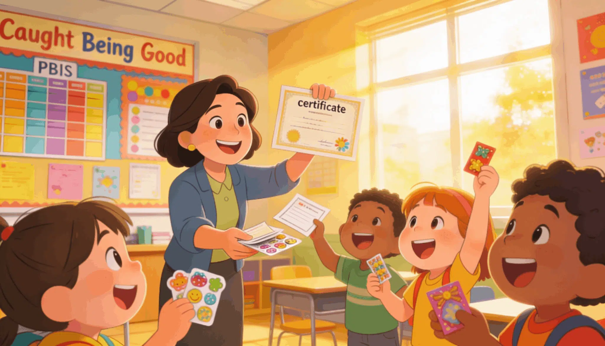 Elementary students receiving rewards like stickers and certificates in a cheerful classroom.