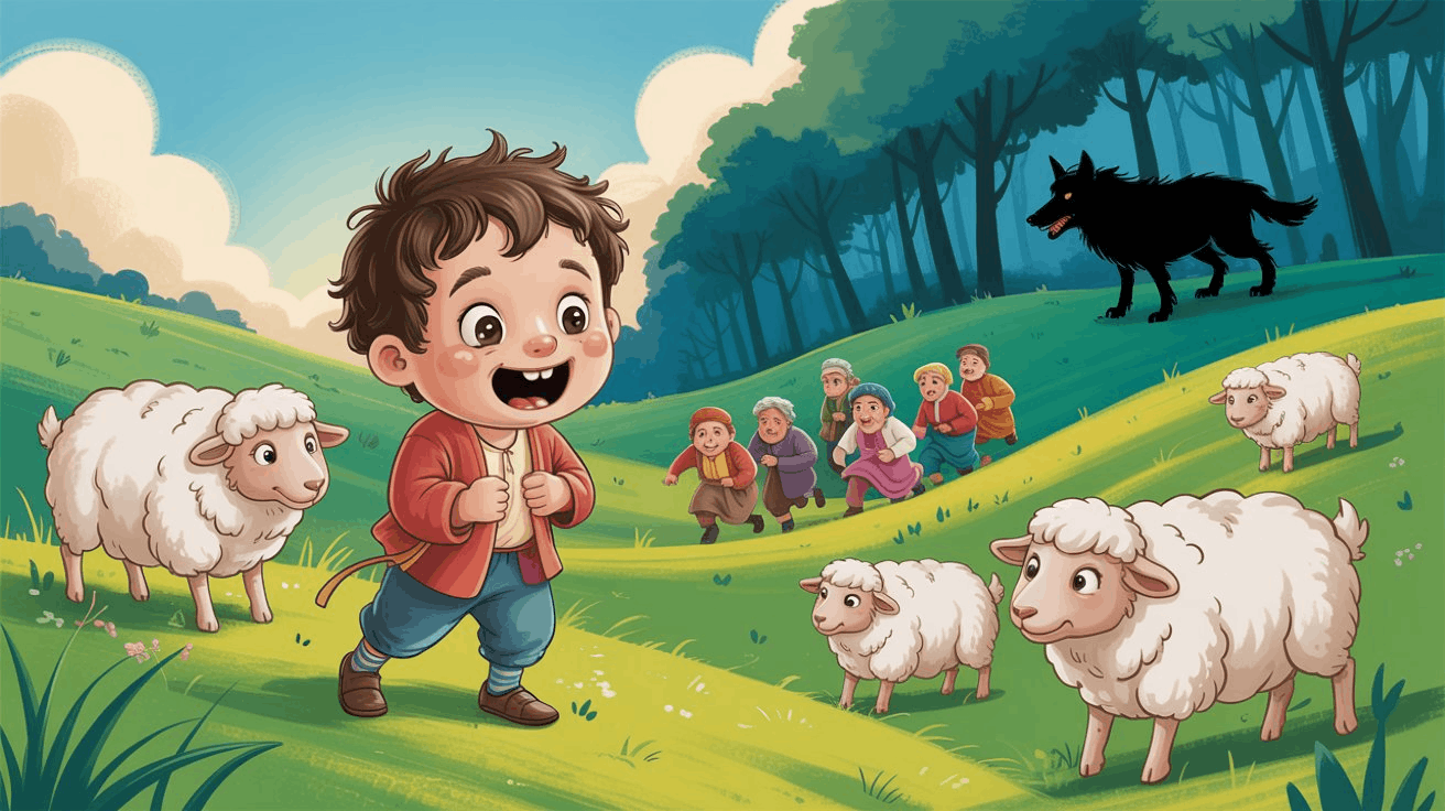 Shepherd boy tricking villagers with wolf call on a grassy hill