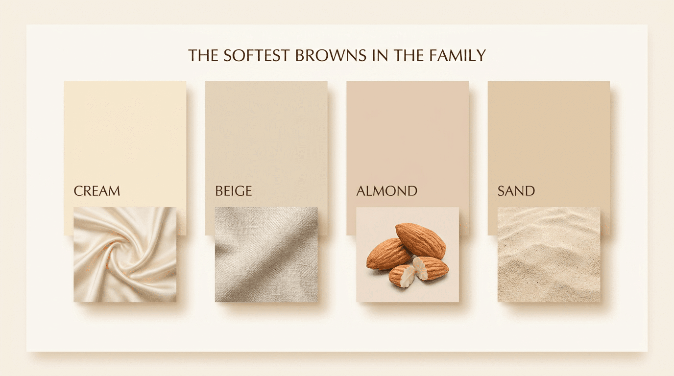 Shade card showing four light brown shades: beige, cream, almond, and sand.