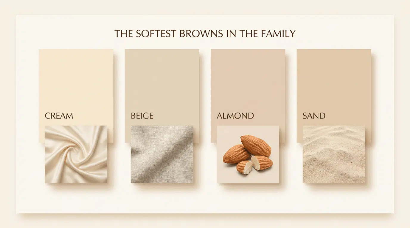 Shade card showing four light brown shades: beige, cream, almond, and sand.