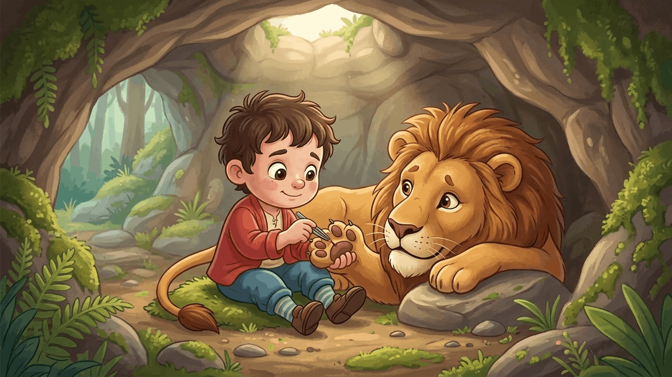 Boy removing a thorn from a lion’s paw, showing kindness