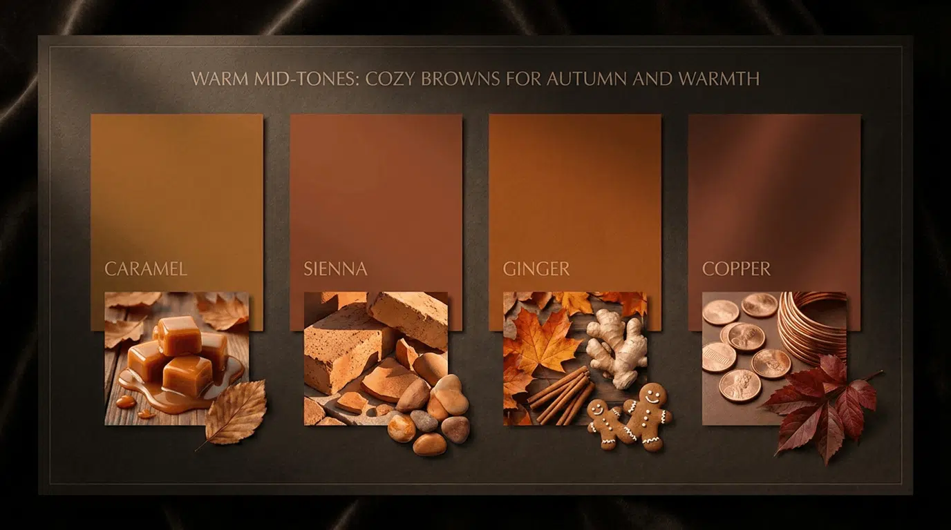 Shade card showing warm mid-tone browns, such as caramel, sienna, ginger, and copper