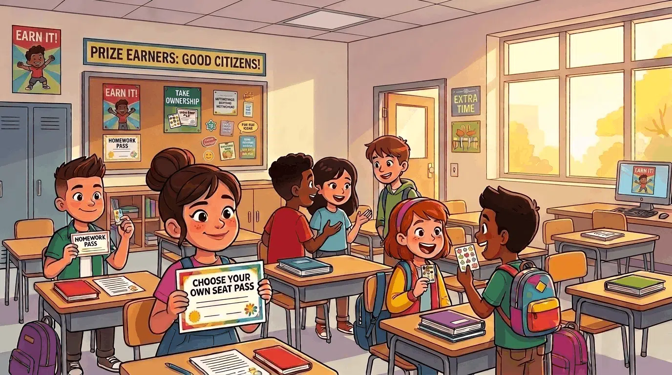 Middle school students received rewards like homework passes and gift cards in class.