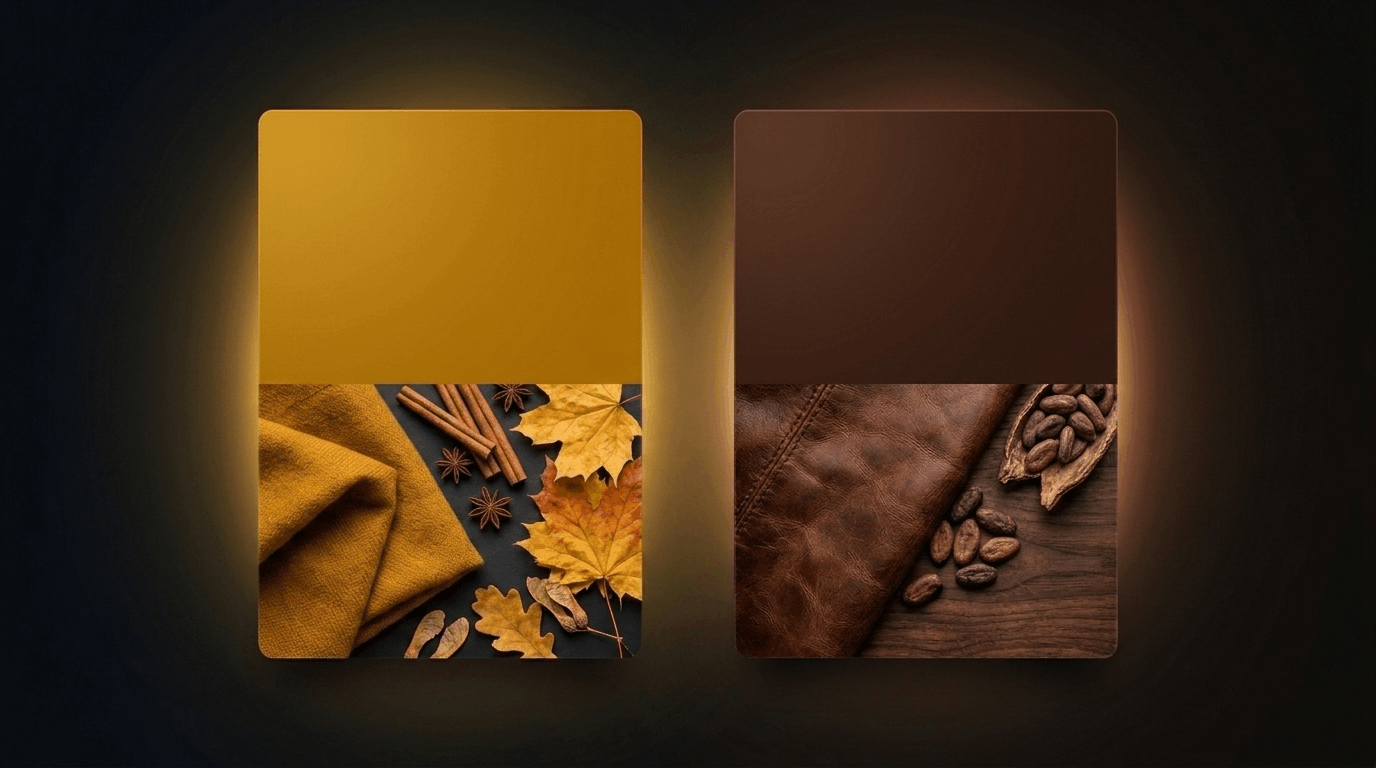 Mustard yellow and brown palette with warm tones and wood elements.