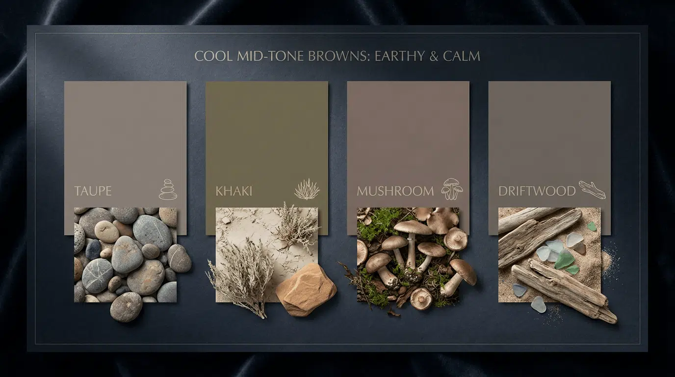Shade card with cool mid-tone browns like taupe, khaki, mushroom, and driftwood.