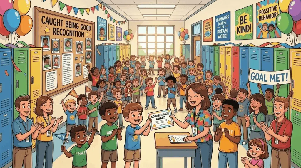 Teacher handing out rewards to excited students in a colorful classroom celebrating PBIS.
