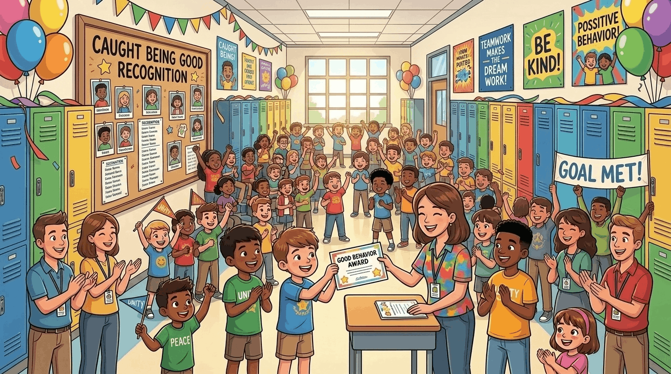 Teacher handing out rewards to excited students in a colorful classroom celebrating PBIS.
