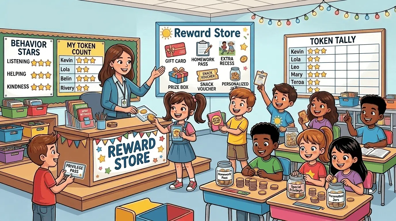 Students exchanging tokens for rewards in a classroom with a token economy system.