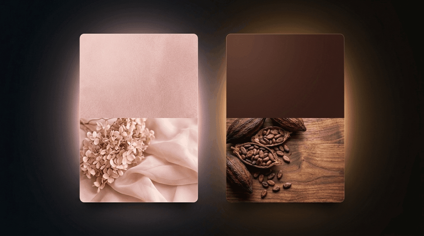 Blush pink and brown palette with soft tones and natural elements.