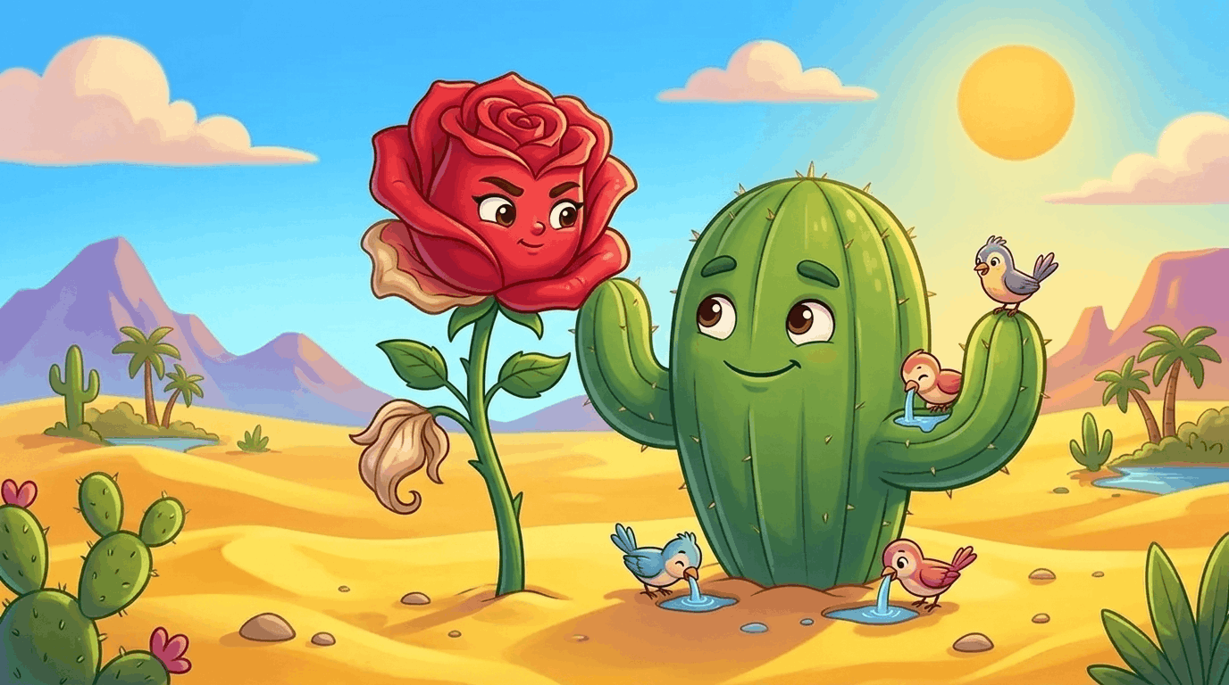 Rose and cactus in the desert showing kindness over beauty.