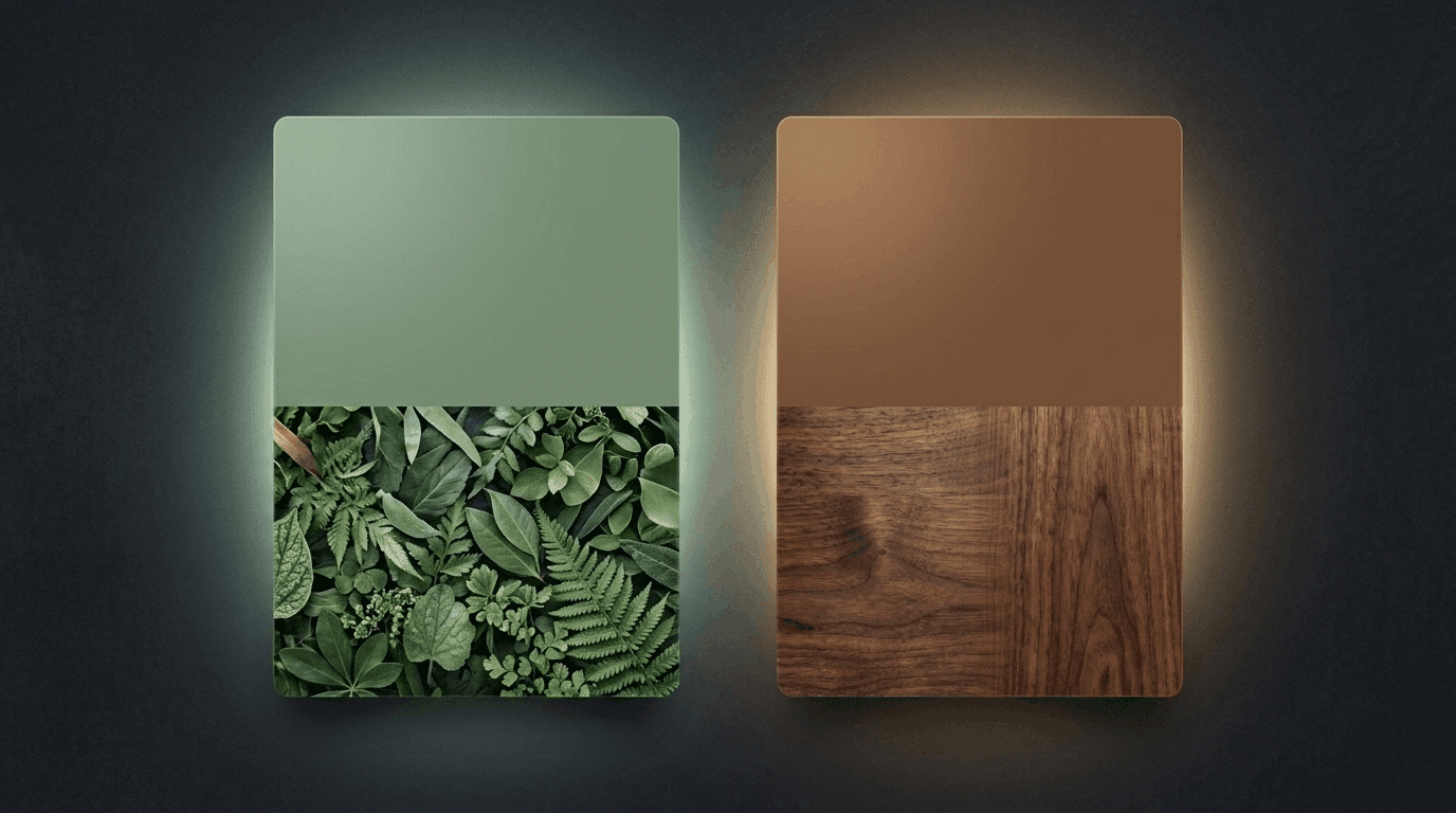 Sage green and warm brown palette with leaves and earthy textures.