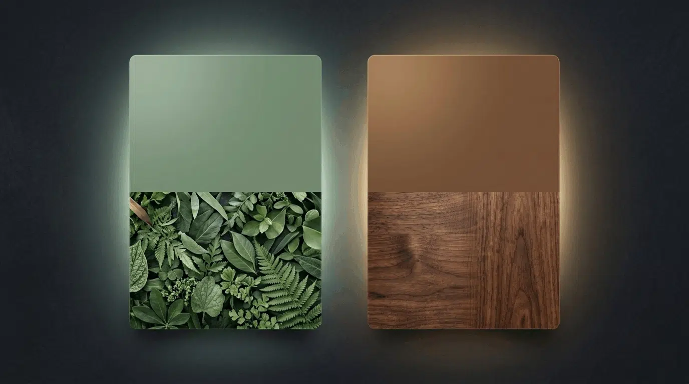 Sage green and warm brown palette with leaves and earthy textures.