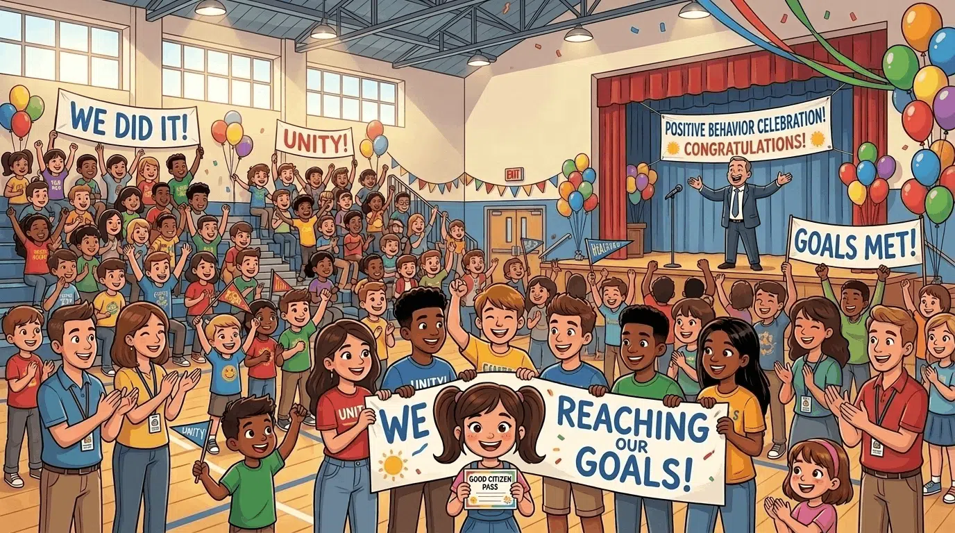 Students are cheering and celebrating in a school-wide pep rally for positive behavior.