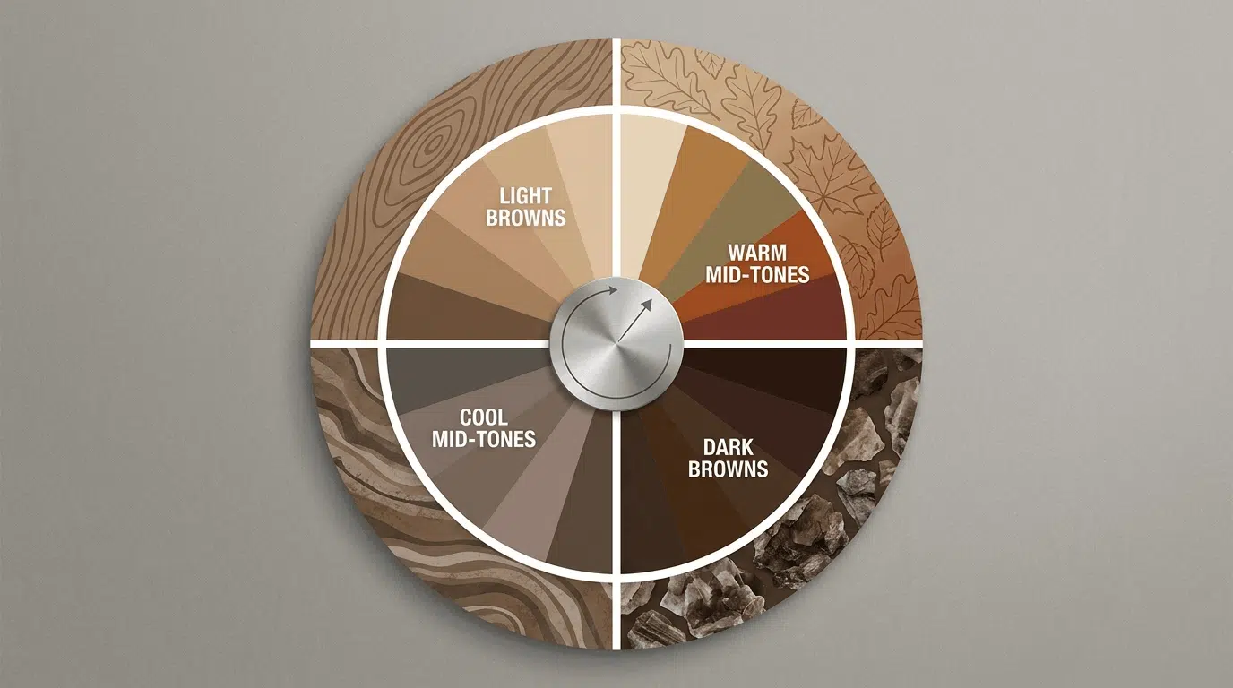 Color palette showing the full range of brown shades, from light to dark with labeled sections