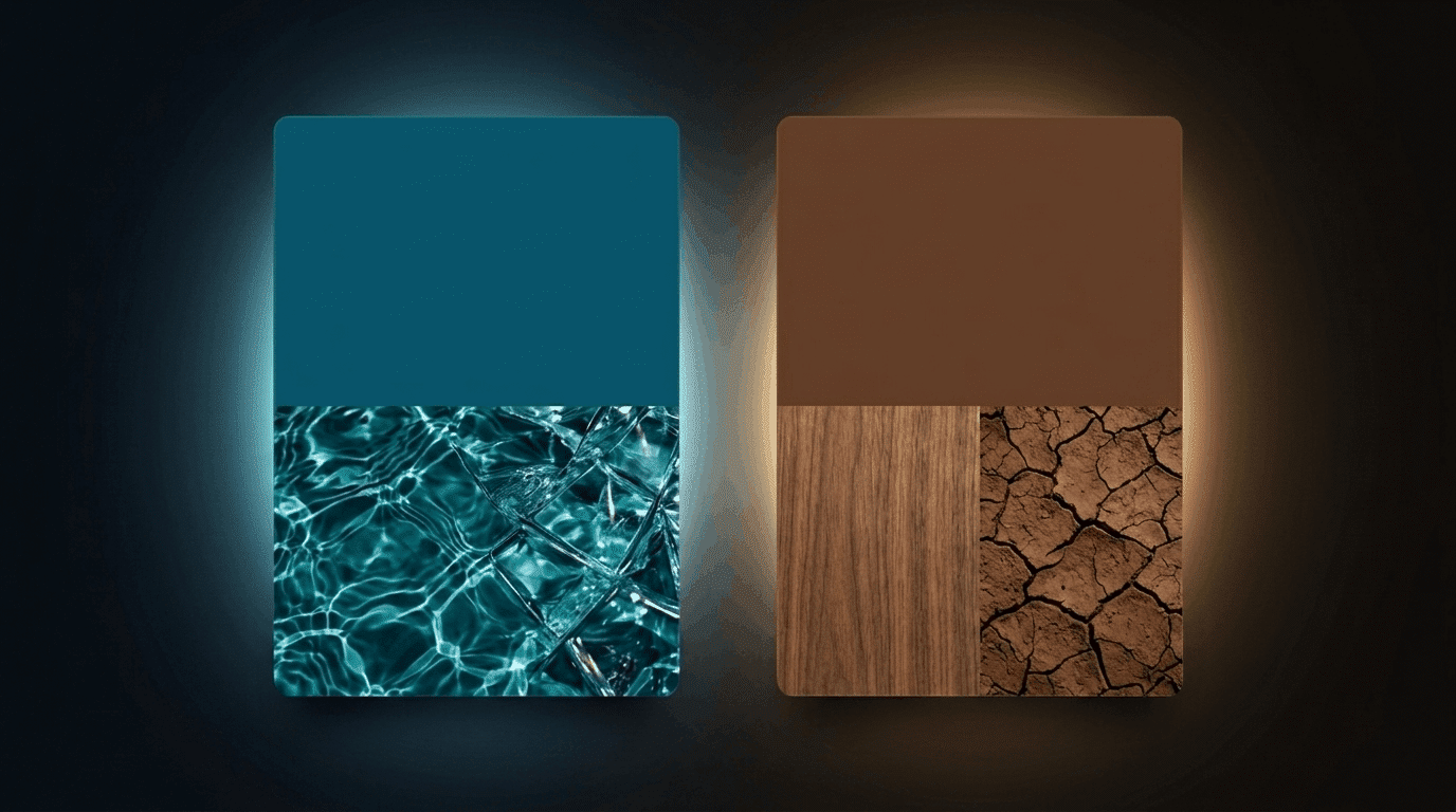 Teal and warm brown palette with water and earthy textures.