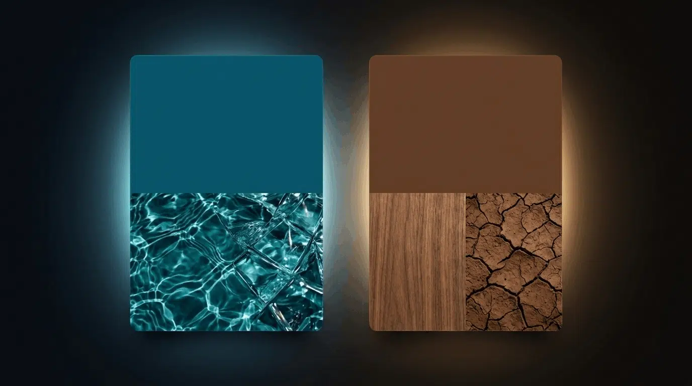 Teal and warm brown palette with water and earthy textures.