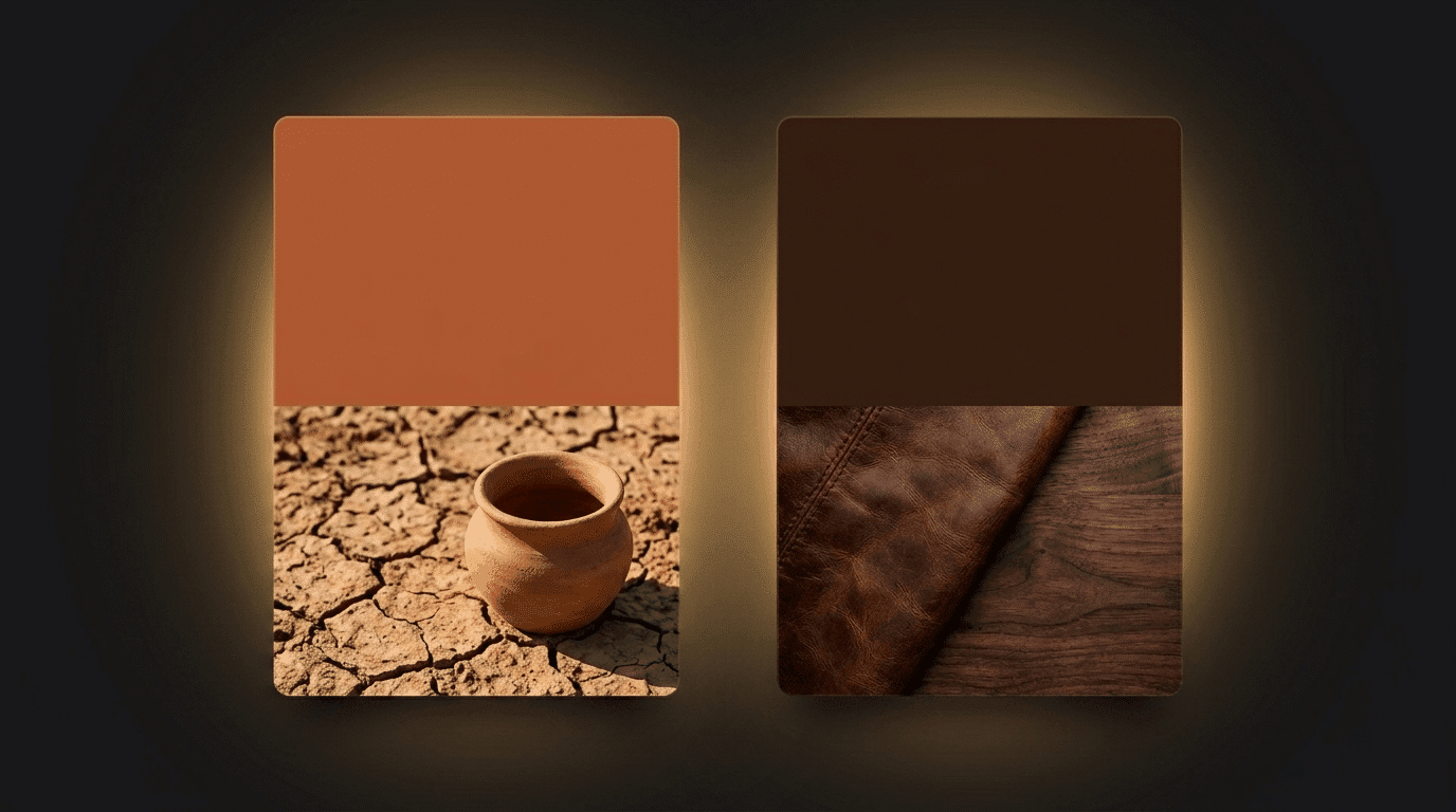 Terracotta and deep brown palette with clay and natural textures.