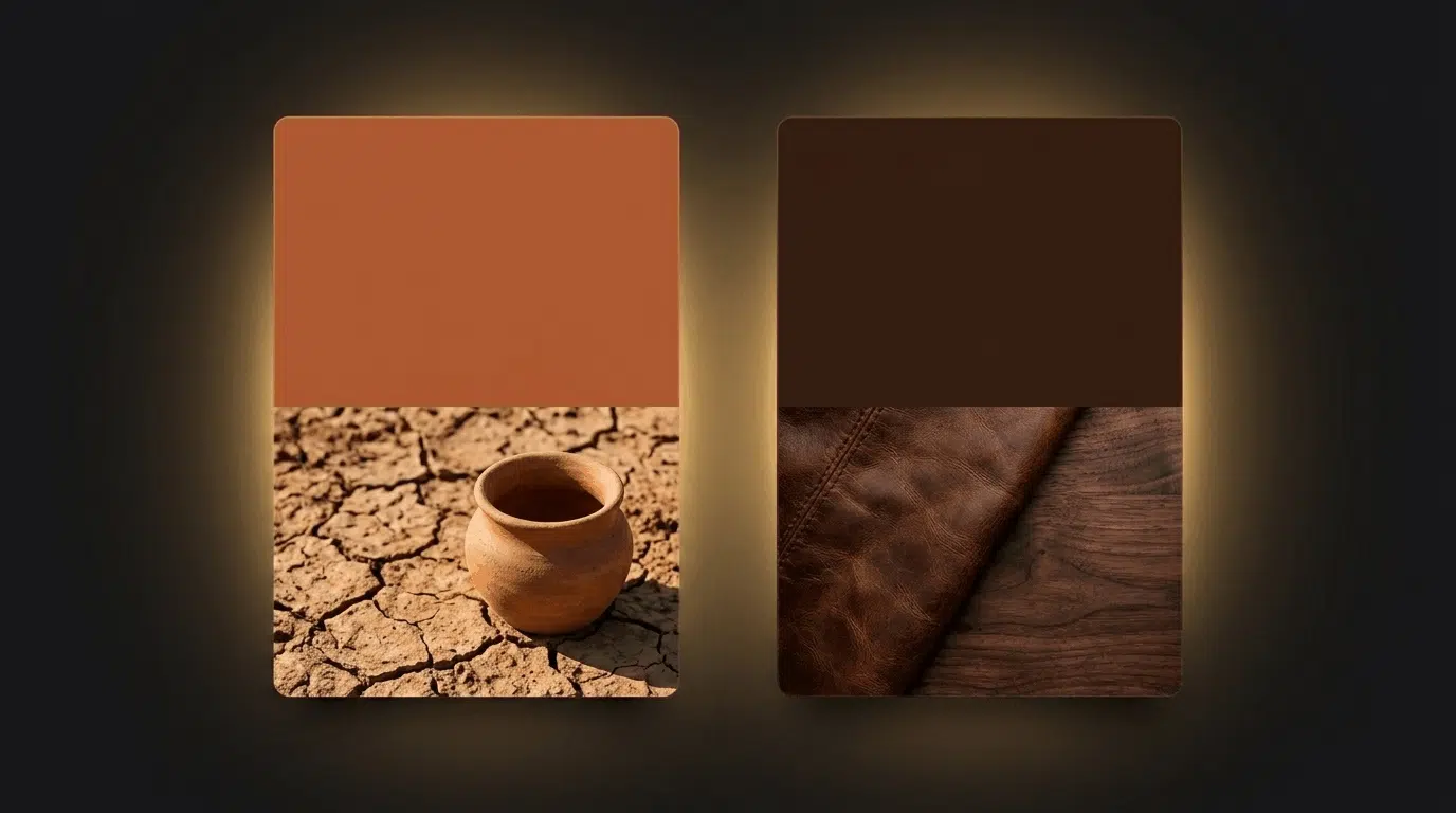 Terracotta and deep brown palette with clay and natural textures.